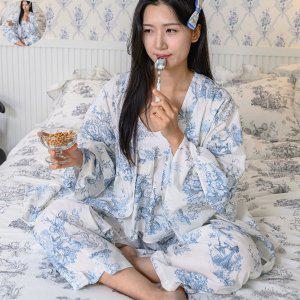 수면잠옷 커플 키즈 여아 초등 잠옷 디오레 긴팔 로브 M 블루 파자마 여성 홈웨어