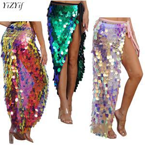 여성용 스팽글 댄스 스커트 레이스업 머메이드 힙 스카프 랩 롱 벨리댄스 힙 스커트 페스티벌 댄스 무대 공연 의상