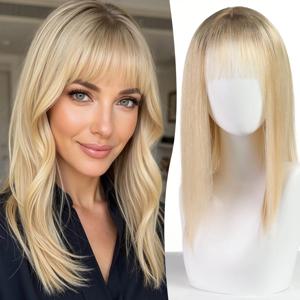 16인치 옴브레 라이트 블론드 인모 헤어피스 9x9인치 내추럴 레미 5클립 실크 베이스 헤어피스 (뱅 포함) 여성용 붙임머리