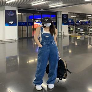 플러스 사이즈 여성용 하이웨이스트 스트레이트 데님 오버롤 봄 가을 신상 루즈 슬림핏 다용도 와이드 레그 점프수트