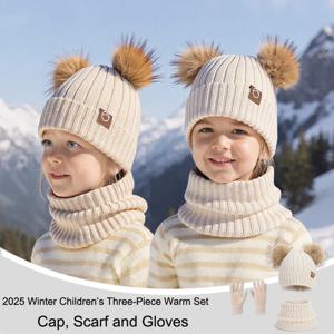 2025년 겨울 아동용 3종 세트 비니 모자 니트 플러시 두꺼운 따뜻한 목 스카프 장갑 세트 (야외 놀이/스포츠용)