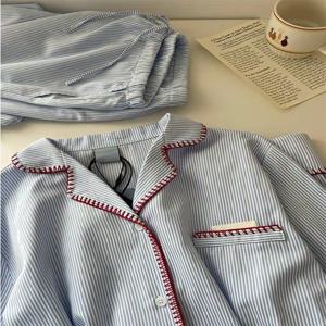 우아한 블루 화이트 스트라이프 긴 소매 여성 잠옷 느슨한 바지 홈 의류 세트 편안한 면 봄 가을 착용