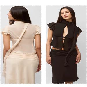 GUIZIO 홀로우 스트리머 웨이스트 블라우스 셔츠 + 플리츠 미디 스커트 수트 여성용 스커트 여성 의류