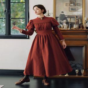 티이하일리 여성 100% 코튼 드레스 퍼프 소매 롱 맥시 여성용 사이즈 S-XL 스탠다드 칼라 빈티지 하이 웨이스트 레드 레이스 패치워크