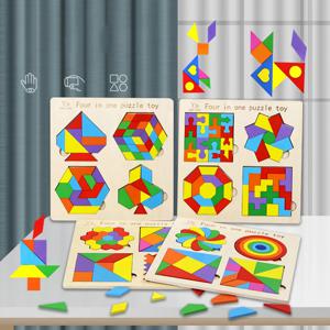 4 in 1 몬테소리 Tangram 지그 소 퍼즐 장난감 나무 기하학적 모양 다채로운 인식 퍼즐 나무 빌딩 블록 어린이를위한 선물