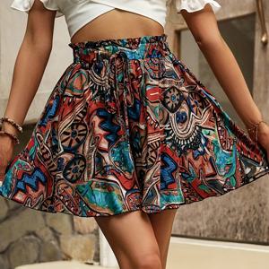여성용 보헤미안 반바지 하이 웨이스트 드로스트링 루즈 반바지 가볍고 편안한 비치 반바지 프린트 와이드 레그 숏 팬츠