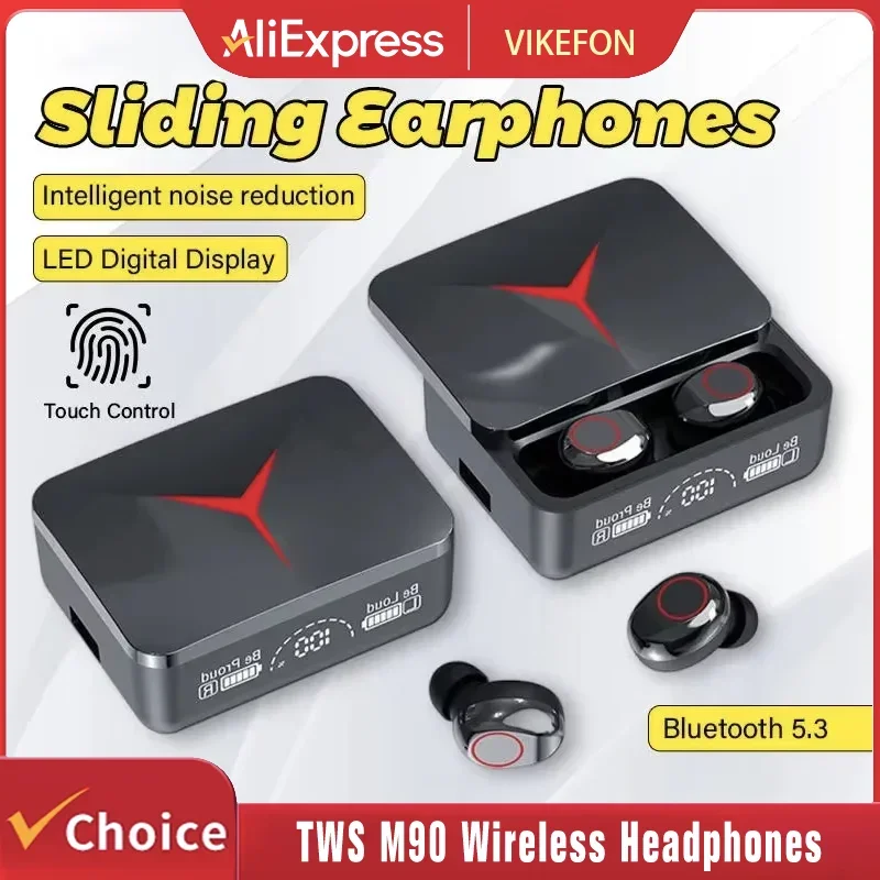 VIKEFON M90 TWS Bluetooth 5.3 이어폰 무선 헤드폰 터치 컨트롤 게임용 헤드셋 마이크가있는 HIFI 스테레오 사운드 감소