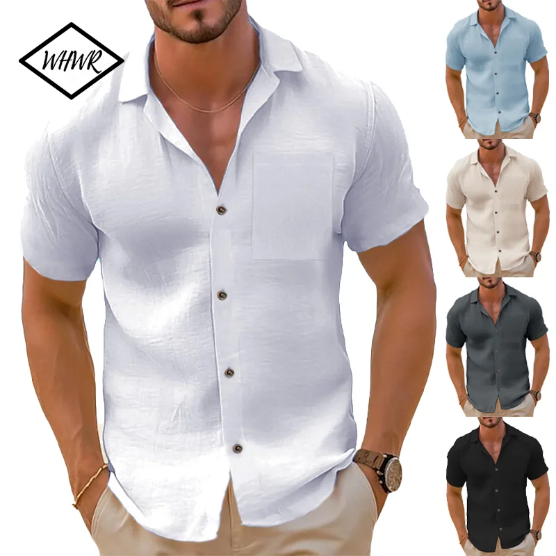 남성 캐주얼 버튼 다운 셔츠 반소매 질감 여름 해변 셔츠 포켓이 있는 쿠바 휴가 셔츠 S-XXXL