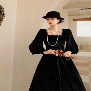 티이하일리 가을 여성 드레스 풀 랜턴 슬리브 롱 미디 기장 여성용 S-XL 빈티지 하이웨이스트 벨벳 밴디지 레이스업 블랙