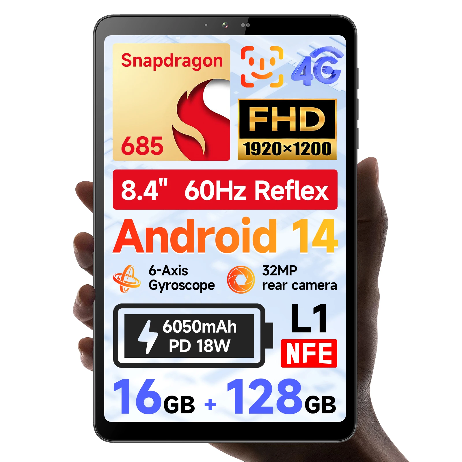 BNCF BPad 미니 8.4인치 스냅드래곤 SMD685 태블릿 안드로이드14 (8+8)GB 램+128GB 저장용량 6050mAh 배터리 4G LTE 와이드바인 L1 2K IPS 탭