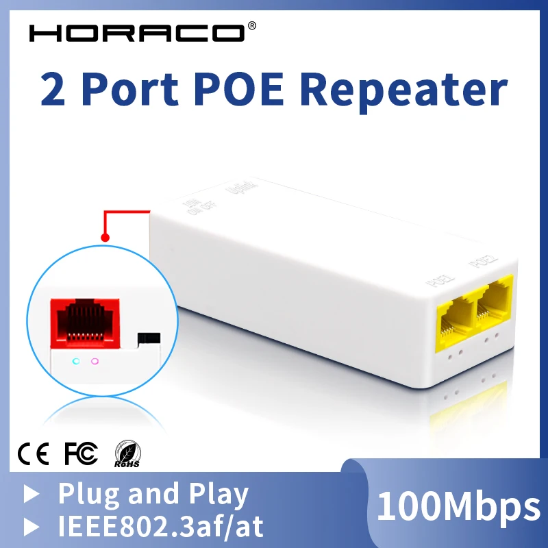 HORACO 2포트 POE 리피터 100Mbps 1-2 PoE 확장기 (IEEE802.3af/at 플러그 앤 플레이 지원) PoE 스위치 NVR IP 카메라 AP용 48V