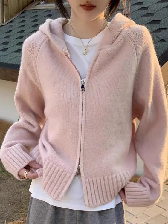 여성용 긴 소매 니트 오픈 가디건 후드 루즈핏 숏 재킷 더블 지퍼 심플 솔리드 컬러 겨울 신상 디자인