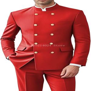 남성용 2피스 정장 금색 단추 재킷 바지 세트 전통 결혼식용