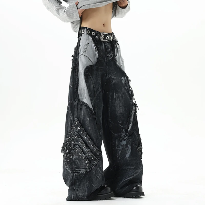 하이 스트리트 남성 데님 바지 패치워크 배색 드로스트링 로우 엣지 디스트레스드 워싱 남성 청바지 신상