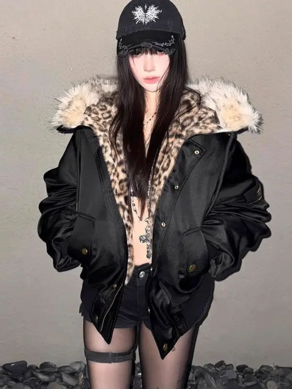 레트로 두꺼운 숏 퍼 칼라 재킷 여성용 가을 겨울 코트 후드 포함 따뜻한 폴리에스터 섬유 레오파드 패턴 아우터웨어