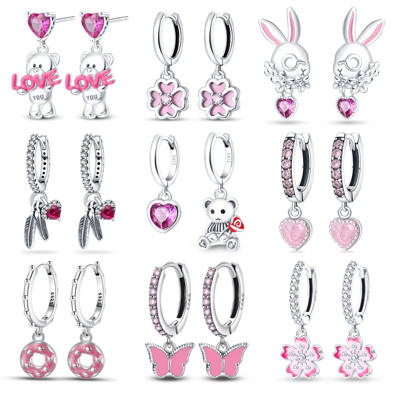 트렌디 한 여성 패션 925 실버 하트 공주 핑크 대형 원형 귀걸이 럭셔리 쥬얼리 여성 파티 선물 원래 귀걸이