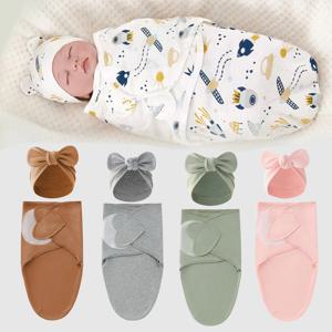 아기 담요 모자 세트 만화 인쇄 면화 신생아 Swaddle 조정 가능한 유아 잠자는 Swaddle 랩 올 시즌 0-6 개월