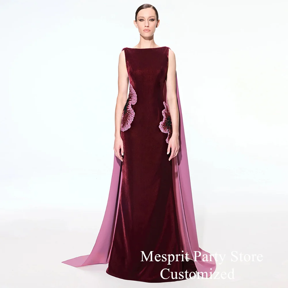 버건디 벨벳 무도회 원피스, 오픈 백 맞춤형 보트 넥 구슬 장식, 스팽글 사우드 파티 가운, 케이프 댄스 이브닝 드레스