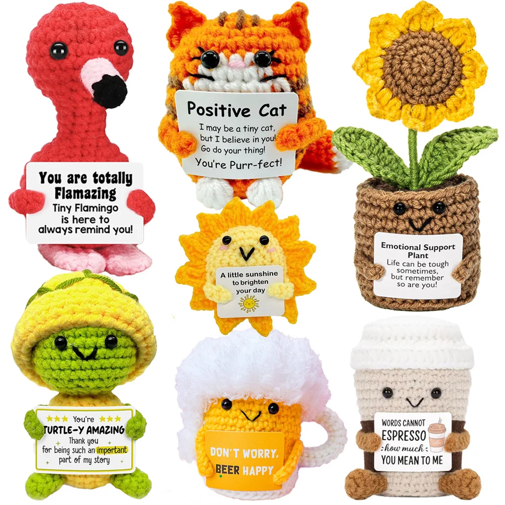 긍정 에너지 포켓 허그 크로셰 인형, 미니 수제 니트 플러시 감자 거북이 야채 오리 재미있는 응원 선물 카드 포함