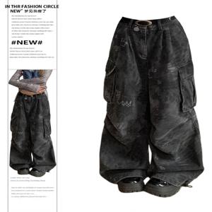 고스 다크 아카데미아 진 여성 그런지 일본 아비 Y2K 데님 카고 팬츠 2000년대 고블린 코어 하라주쿠 사이버 펑크 배기 바지