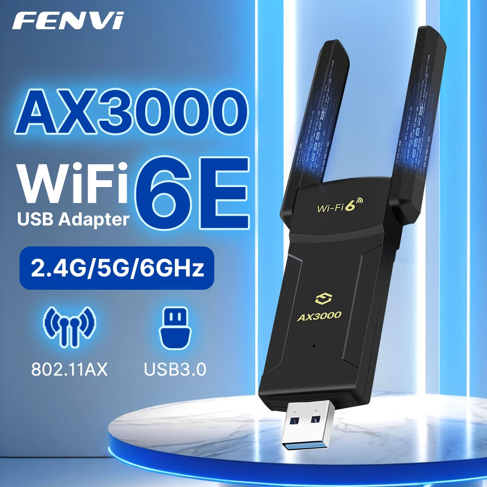 FENVI WiFi6E AX3000 USB 어댑터 3000Mbps 트라이 밴드 2.4G/5G/6GHz 802.11AX WiFi6 네트워크 카드 Win10/11 용 무선 수신기 동글