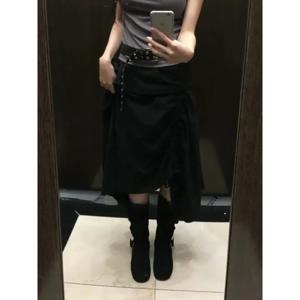 한국 스타일 슬림핏 하프 스커트 주름 하이웨이스트 폴리에스터 섬유 실크 광택 캐주얼 출퇴근용 단색 스커트