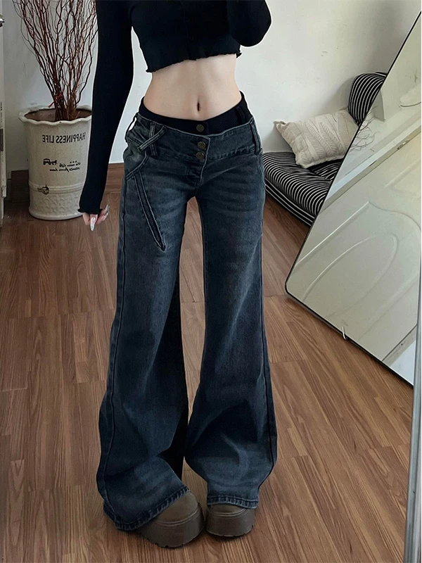 미국 레트로 스타일 여성용 로우 웨이스트 청바지, 새로운 스타일의 루즈핏과 개성 넘치는 스파이시 걸 디자인, 워싱 마이크로 플레어 팬츠