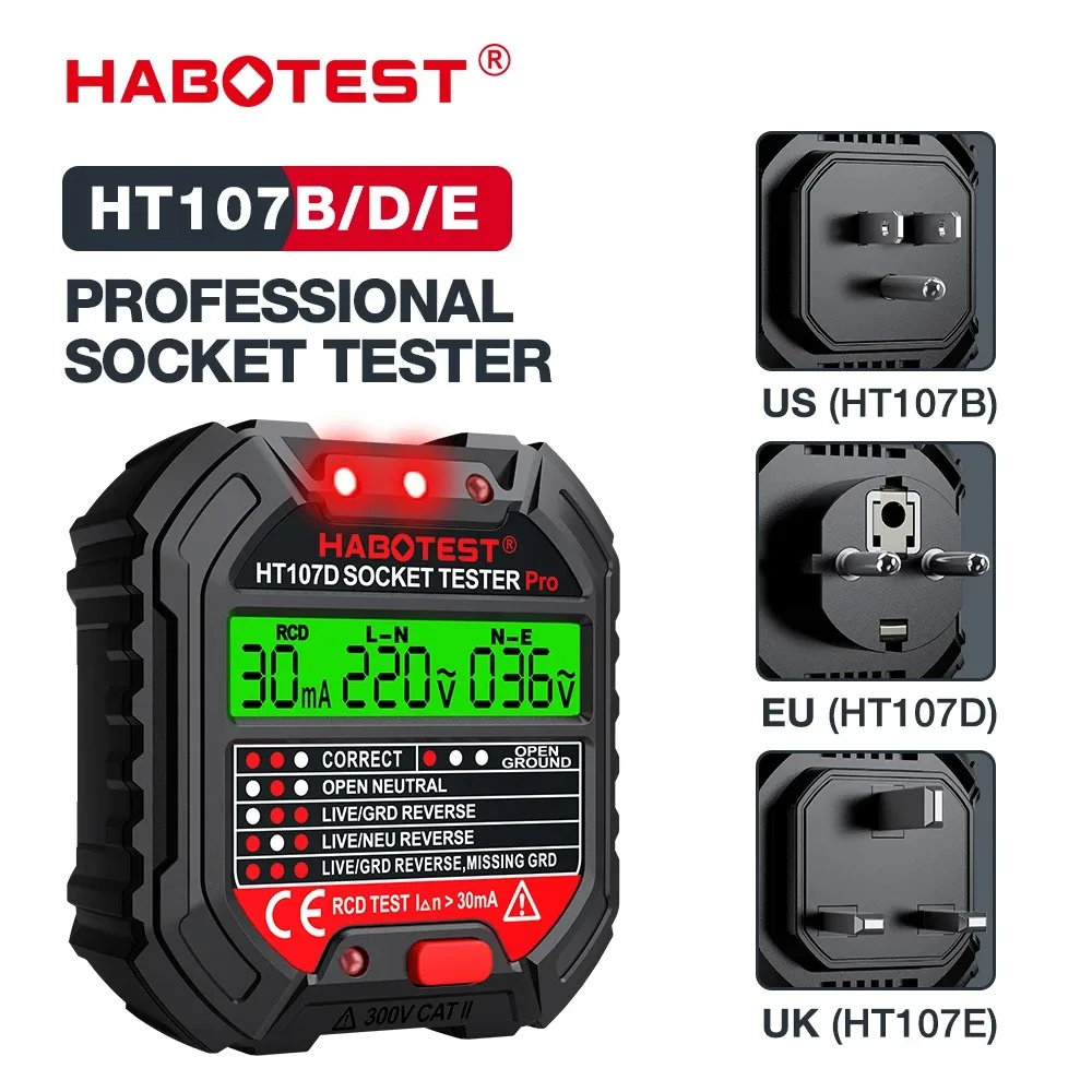 Habotest HT107 Pro 소켓 테스터, 전압, RCD 30mA, UK/EU 플러그 접지, 제로 라인, 극성 및 Phas용 종합 도구