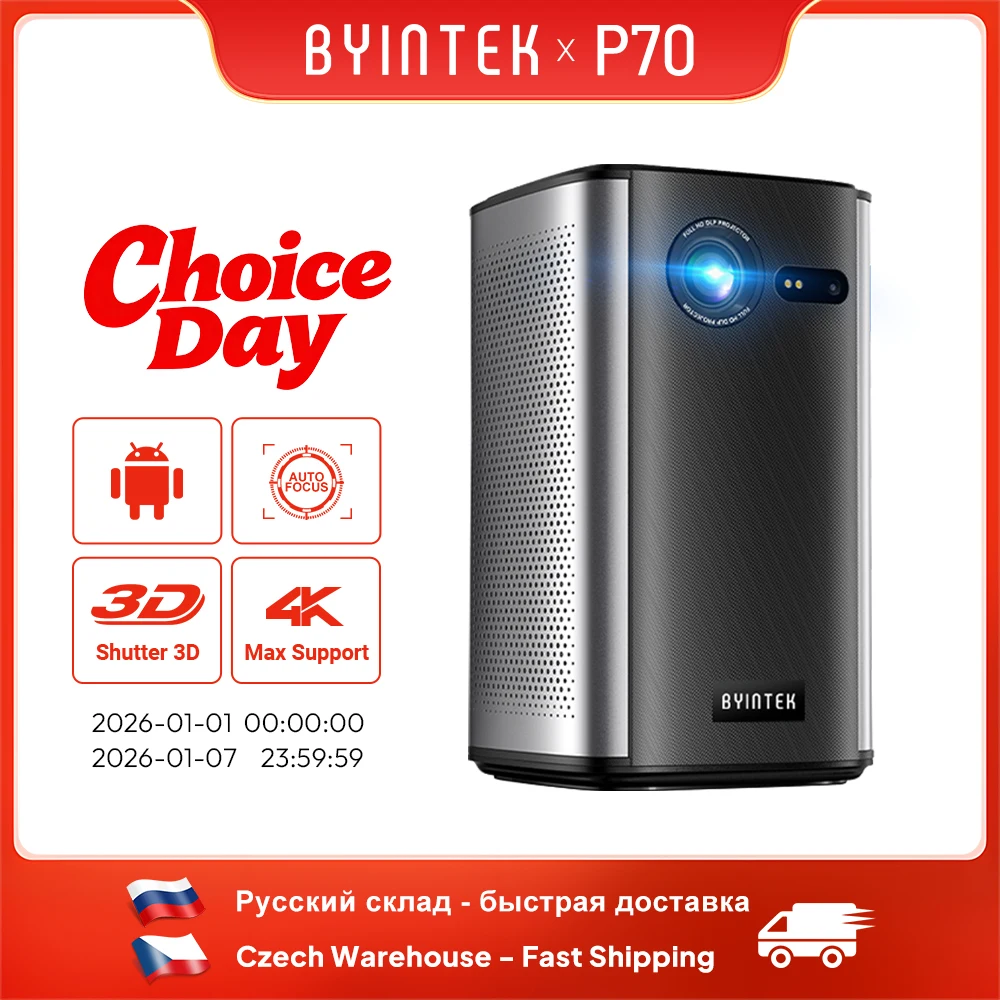 BYINTEK 미니 휴대용 프로젝터 DLP 자동 초점 스마트 안드로이드 와이파이 LED 1080P 홈 시어터 비디오 프로젝터, 배터 포함, P70 3D 4K