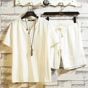 코튼 리넨 반팔 반바지 남성용, 세트 리넨 레저 스포츠 투피스, 남성 대형 사이즈, 단색 트렌드, 얇은 세트, 여름 신상