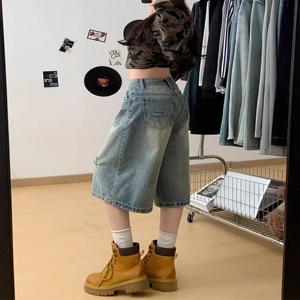 라이트 워시 하이웨이스트 찢어진 데님 세븐파이브 반바지 여성 여름 신상 루즈핏 스몰사이즈 라지사이즈 와이드 레그 얇은 미들팬츠