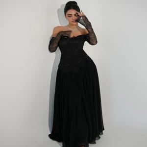 맞춤형 현대 스타일 패션 쉬폰 구슬 레이스 스트레이트 오프 숄더 롱 드레스 맞춤형 행사 드레스 매칭