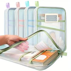 A4 지퍼 파일 가방 나일론 문서 보관 책용 3층 두꺼운 메쉬 패브릭 투명 파우치 사무실 학생 용품