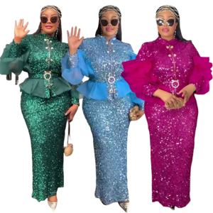 여성용 아프리카 의류 2피스 세트 상의와 스커트 수트 다쉬키 안카라 크리스마스 의상 가운 플러스 사이즈 웨딩 파티 드레스