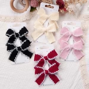 2개입 뜨개질 울 리본 바레트 줄무늬 레이스 리본 헤어 클립 여자 아기 가을 장식 헤어 액세서리 어린이 파티용 헤어핀