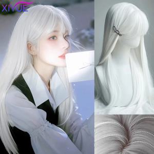 합성 흰색 긴 직선 가발 다채로운 코스프레 파티 가짜 머리 앞머리 흰색 로리타 가발 여성 파티 매일 사용