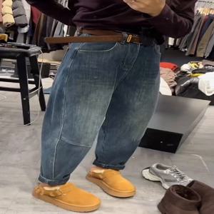 플러스 사이즈 여성용 플리스 안감 두꺼운 하라주쿠 스타일 청바지 아빠 바지 가을 겨울 비즈니스 캐주얼 큰 주머니 손수건