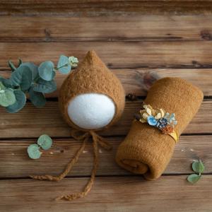 신생아 모헤어 스트레치 니트 랩 모자와 머리띠 세트 사진 소품 아기 저지 랩 Swaddle 담요 아기 레이어 패브릭