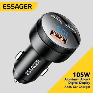 Essager 105W 디지털 디스플레이 iPhone 15 14 pro MacBook 용 고속 차량용 충전기 Huawei Xiaomi Samsung OPPO 용 USB A C 빠른 충전기