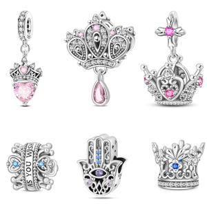 인레이드 지르콘 클래식 참 비즈 925 스털링 실버 크라운 팜 하트 모양 참 여성용 고급 DIY 생일 주얼리 선물