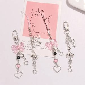 Goth Y2K 휴대폰 참 핑크 실버 활 하트 스타 키 체인 펜던트 키 체인 가방, 소녀 쥬얼리, 귀여운 액세서리