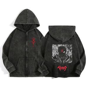 Anime Berserk Wash Zip Up 까마귀 하라주쿠 레트로 고딕 그래픽 자켓 후드 티셔츠 코튼 힙합 ​​남성 여성 Hoody Coat