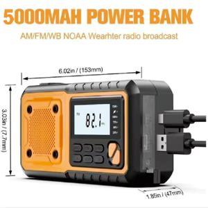 5000mAh/18500mWh 비상 핸드 크랭크 라디오, AM FM NOAA 날씨 경고 라디오, 디지털 디스플레이, 4방향 전원 핸드 크랭크, 태양광 라디오