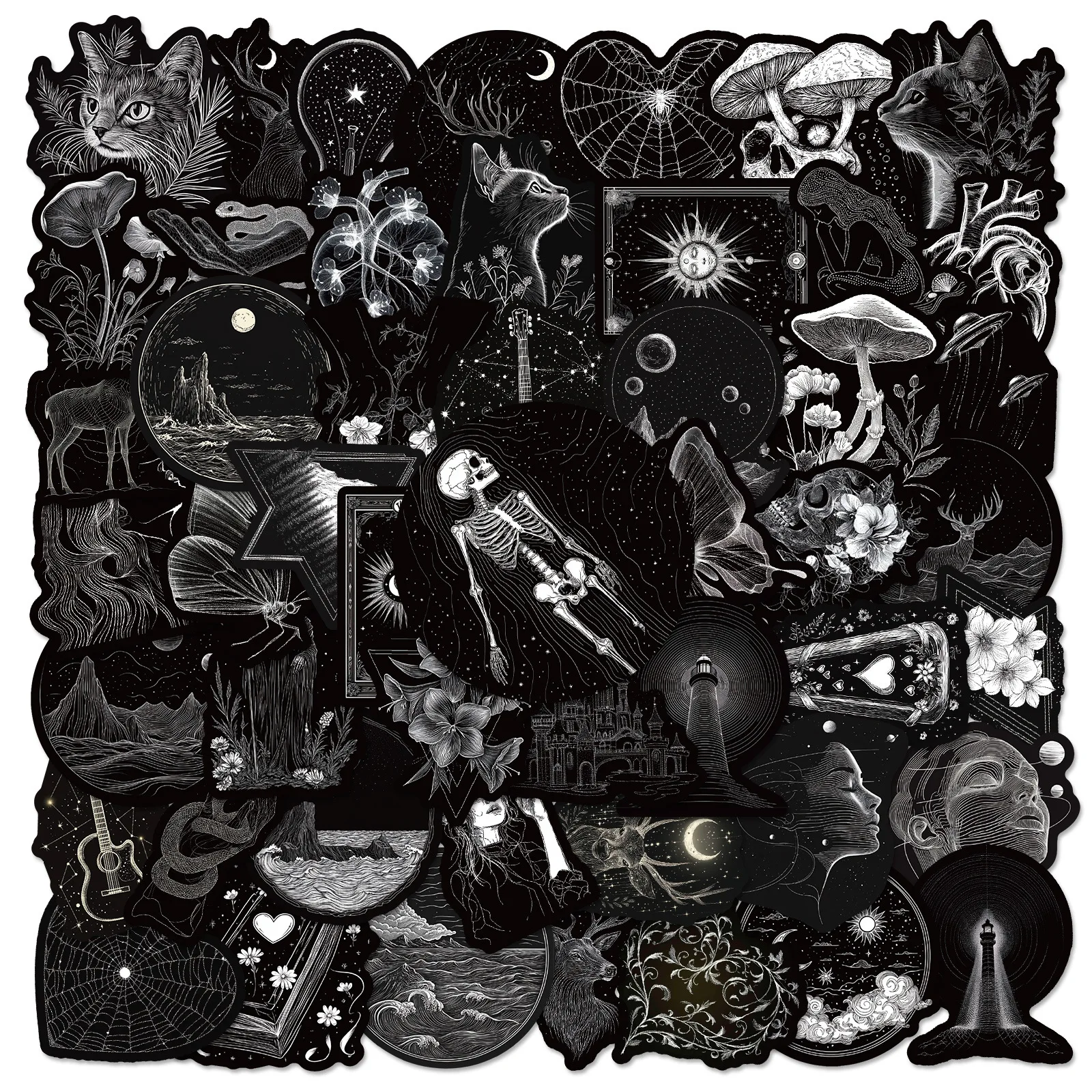 50개 블랙 앤 화이트 고딕 스티커 고딕 해골 DIY 스티커 스크랩북킹 폰 가방 스케이트보드 방수 데칼