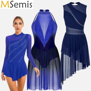 여성용 체조 예술 피겨 스케이팅 발레 리리컬 댄스 의상 홀터 반짝이는 라인스톤 그라데이션 시스루 메쉬 드레스