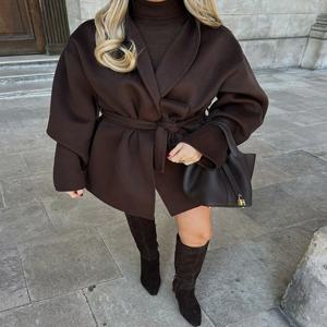 2025년 가을 여성용 신상 벨트 캐주얼 루즈핏 V넥 롱 슬리브 레이스업 자켓 솔리드 코트 가디건 아우터