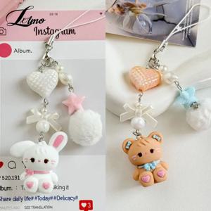 귀여운 토끼 고양이 곰 펜던트 키 체인 플러피 볼 비즈 휴대폰 줄 분실 방지 랜야드 귀여운 가방 장식 선물