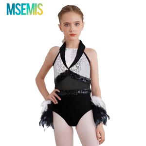 키즈 소녀 체조 재즈 라틴 댄스 레오타드 드레스 무대 공연 의상 쉬어 메쉬 허리 반짝 이는 스팽글 깃털 댄스웨어