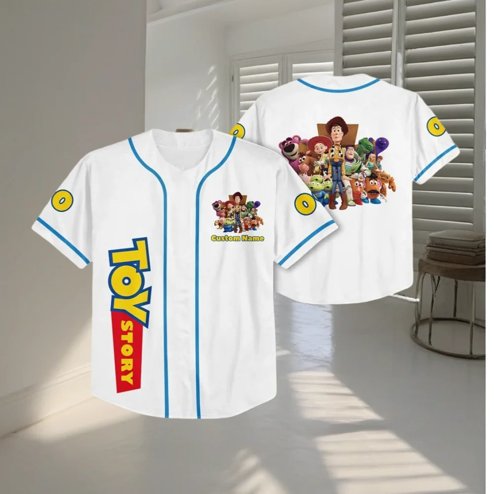 2025 디즈니 우디 야구 저지 남성 여성 캐주얼 야구 셔츠 토이 스토리 여름 반팔 어린이 야구 유니폼 탑스