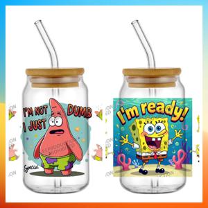 새로운 귀여운 패트릭 스폰지밥 3D 데칼 UV DTF 컵 랩 (16oz 방수 UV DTF 전사 스티커, 유리컵, 머그컵 DIY 스티커)